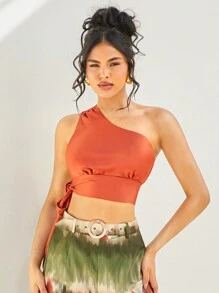 SHEIN Unity One Shoulder Tie Side Crop Top - Red - View 5
