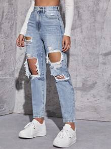 SHEIN ICON Women Loose Fit Casual Straight-Legged Jeans With Ripped Holes And Pockets,Ladies Casual Pocket,Ripped,Zipper High Waist Straight Leg Long Light Wash Cotton Curvy,Mom Fit Regular Fit Women Jeans,Spring/Fall,Casual Daily Wear