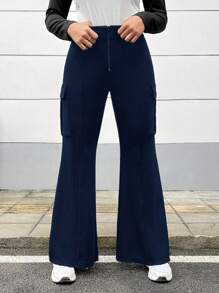 SHEIN EZwear Plus Size Casual Solid Color Cargo Flared Pants - Navy Blue - View 4