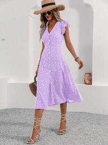 Breezaya 女性全印花深V領荷葉邊開叉短袖夏裝連衣裙 - 淡紫色 - 查看 6