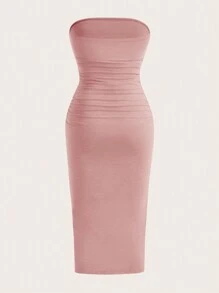 SHEIN EZwear Vestido sin tirantes de punto multicolor con dobladillo plisado, abertura lateral, ajuste entallado y estilo elegante para mujer - Rosa vieja - Ver 5