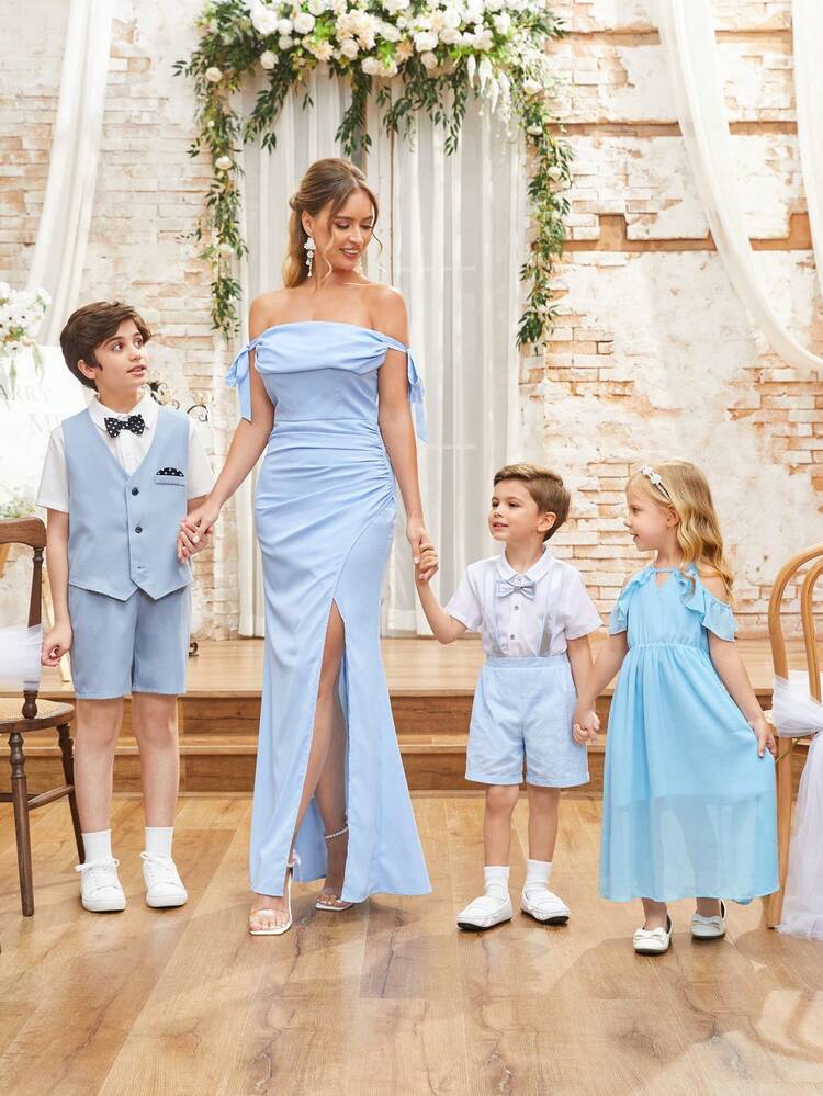 Young Girl's Summer Round Neck Hollow Out Cold Shoulder Ruffle Sleeve Dress