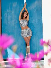 SHEIN SXY x STAS SHEIN SXY Women Summer Country Festival Casual Streetwear Motorbike Bandeau Top And Mini Skirt Set
