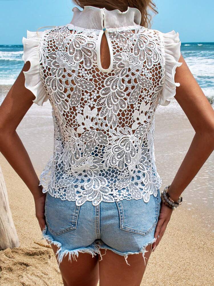 Spring/Summer Commuter Stand Collar Lace Cap Sleeve Elegant Women Blouse