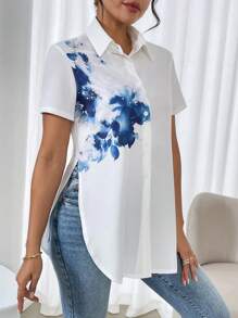 SHEIN LUNE 女士墨水印花常规版型衬衫、短袖上衣 - 白色 - 查看 4