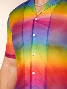 FeverCity Men's Summer Colorful Tie-Dye Short Sleeve See-Through Loose Casual Shirt