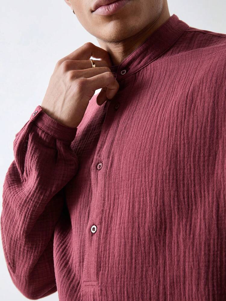 Men's Oversized  Long Sleeve Shirt With Grandad Collar In Brownish Red