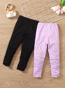 SHEIN Young Girl Solid Color Simple Daily Pants With Pleated Design - Purple - View 2