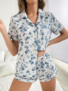 CottageSlumber Women Ink Floral Printed Short Sleeve Shorts Summer Pajamas Set - Blue - View 6
