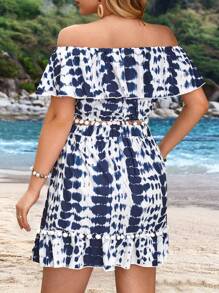 SHEIN Clasi Plus Size Women's Sexy Tie Dye Off Shoulder Top And Skirt Set With Ruffle Hem For Summer - Blue - View 2