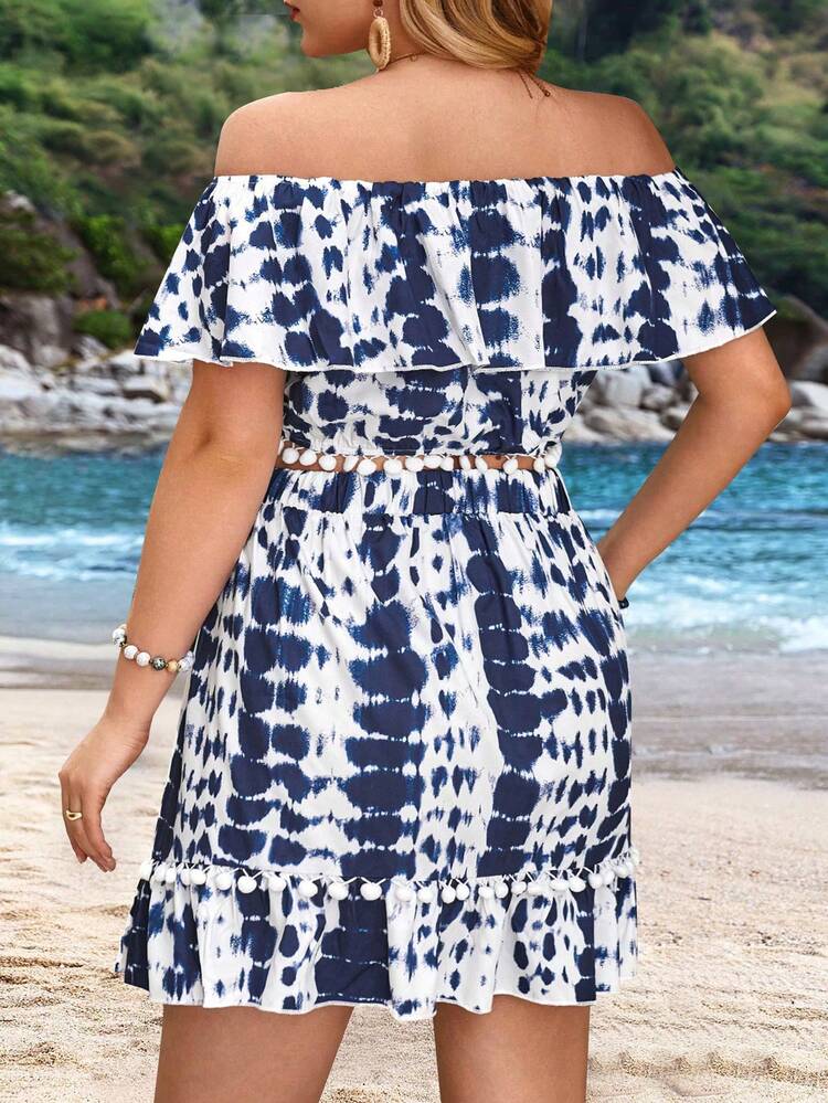 Plus Size Women's Sexy Tie Dye Off Shoulder Top And Skirt Set With Ruffle Hem For Summer