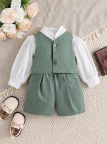 3入組嬰兒男孩優雅復古紳士套裝，包含褶紋襯衫、亞麻馬甲和後褶短褲/褲襪 - 綠色 - 查看 3