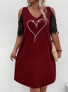 SHEIN LUNE Đầm ren hoa thời trang cỡ lớn dành cho nữ hình trái tim - Màu Đỏ Sâu - Xem 4