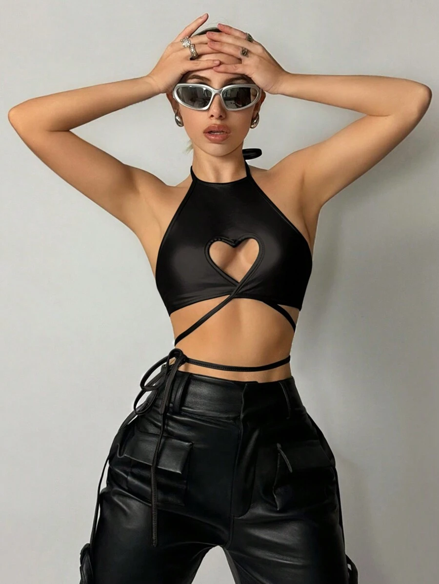SHEIN ICON 金屬心形中空綁帶連領背心