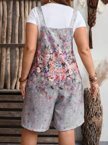 EMERY ROSE Summer Holiday Style Plus Size Women's Floral Print Overall Romper  With Double Pockets,Flower/Vacation/Spring - Multicolor - View 2
