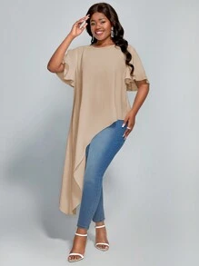 SHEIN Lady Plus Size Solid Color Flutter Sleeve Asymmetrical Hem Blouse - Apricot - View 6