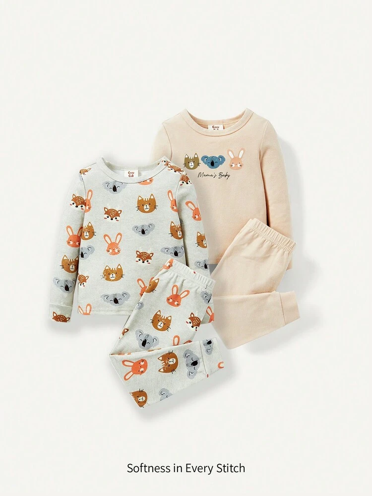 4pcs/Set Baby Girl Cute Animal Pattern Snug Fit Pajamas With Round Neck Top And Long Pants Matching Set