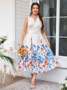 Celure Conjunto de top sin mangas de talla grande con correa trasera de unicolor y falda estampada