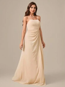 Sleeveless, Floor-Length, Chiffon Evening Dress With Pleated Waist, Slit And Elegant Elegant Bridesmaid Dress