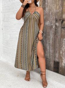 SHEIN Holidaya Plus Size Nữ Mùa Hè In Hoa Phong Cách Kỳ Nghỉ Đầm Xẻ Dài Bên Hông - màu xanh lá - Xem 4