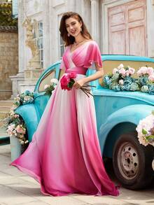 QOQ Romantic Tie-Dye Tie Dye V-Neck Wrap Front Slit Maxi Dress - Hot Pink - View 6