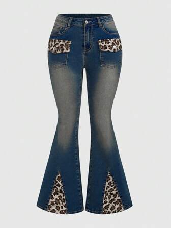Grunge Punk Jeans imprimé léopard grande taille avec poche zippée, école