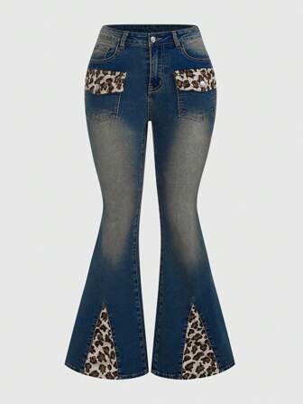 ROMWE Grunge Punk Jeans de talla grande con estampado de leopardo y bolsillo con cremallera