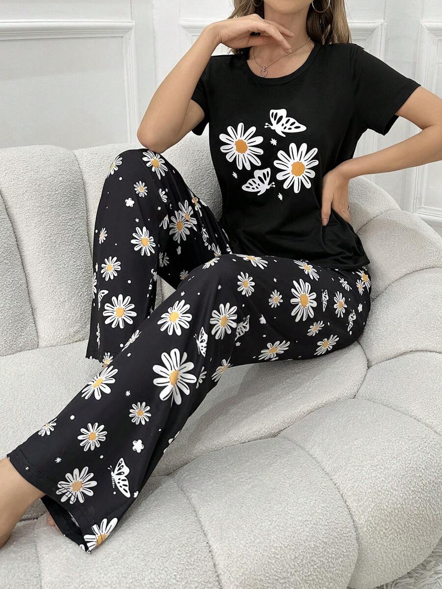 Cute Daisy Print Women Pajama Set Short Sleeve Top With Long Pants - Black - View 1