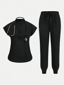 TaskEZ Women's Black Nurse Uniform Jogging Suit, Elastic Top And Pants With Multiple Pockets, Nurse & Beautician Work Outfit, Summer - Black - View 3