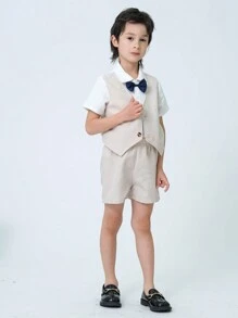 Young Boy Gentleman Color Block Button-Down Short Sleeve Shirt With Shorts Set - Apricot - View 6