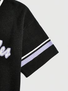 ROMWE MEN Prep Men Summer Letter Striped V Neck Short Sleeve Loose Knit Top - Black - View 5