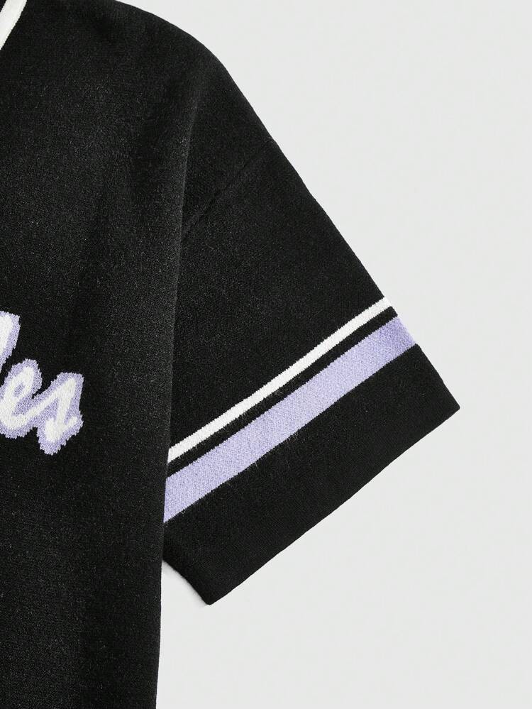 Men Summer Letter Striped V Neck Short Sleeve Loose Knit Top