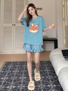 DAZY Cute Cartoon Printed Top With Polka Dot Ruffled Shorts Sleepwear Set - Blue - View 5