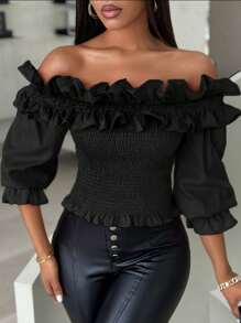 Calvaya Women's Short Solid Color Ruffle Trim Open Shoulder Top