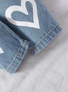 Babymeisje zomer effen kleur T-shirt met ronde hals, korte mouwen en jarretelles met hartjesprint Casual outfit
