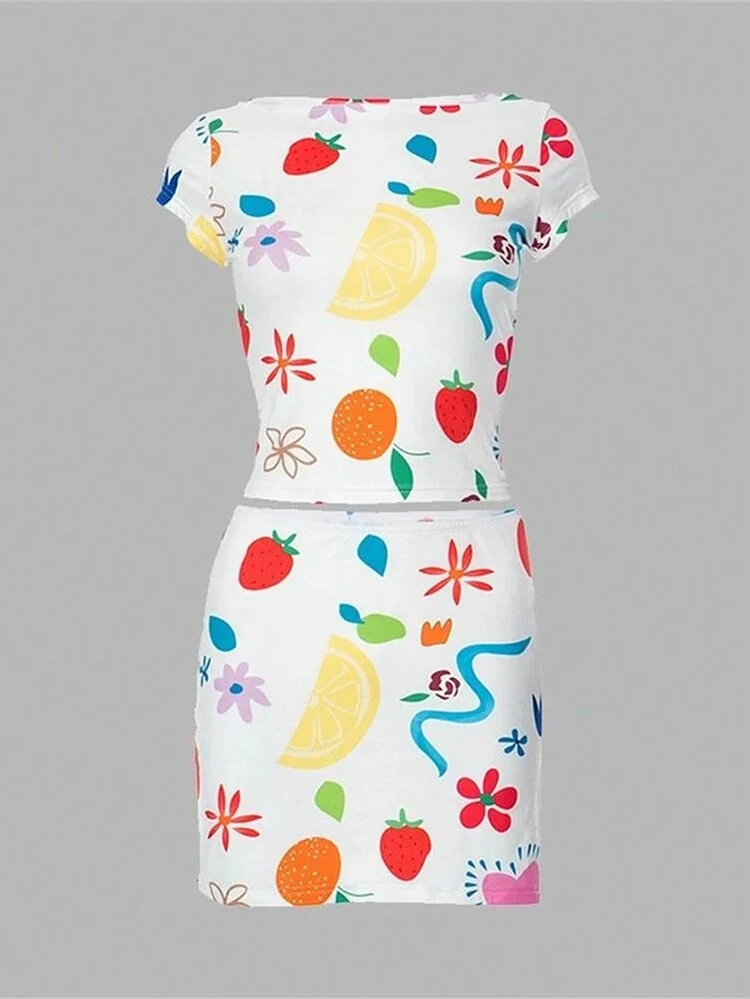 Women Cartoon Print Short Sleeve T-Shirt + Side Split Skirt Set