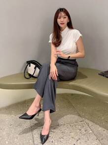DAZY 女士圓領純色打褶短袖T恤，夏季必備單品 - 白色 - 查看 8