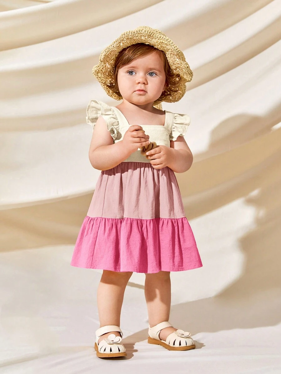 Cozy Pixies Baby Girl Square Neck Short Sleeve Colorblock Patchwork Dress