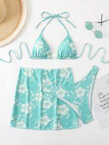 SHEIN Swim Bộ bikini ba mảnh in hoa ngẫu nhiên trên bãi biển Mùa hè - Xanh và trắng - Xem 5