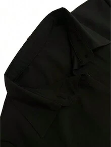 Women's Fashion Casual Sexy Street Cute Solid Color Button Front Short Back Long Split Hem Versatile Long Sleeve Shirt Black Spring - Black - View 4