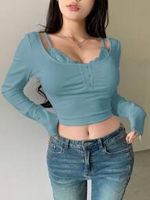 DAZY 女士蕾丝拼接长袖T恤，夏季性感露脐上衣 - 水鴨藍 - 查看 2