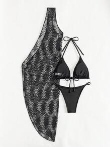 SHEIN Swim 3pcs/Set Halter Neck Bikini Set With Separated Top & Cover Up For Summer Beach & Pool - Black - View 3