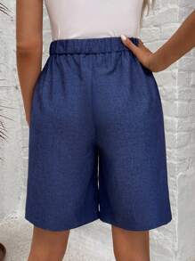 SHEIN LUNE Solid Color Shorts With Slant Pocket For Summer - Dark Wash - View 2