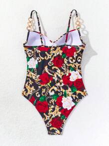 SHEIN Swim Ladies" Vacation Floral Print One-Piece Swimsuit With Cross-Cut And Metal Chain Summer - Multicolor - View 5