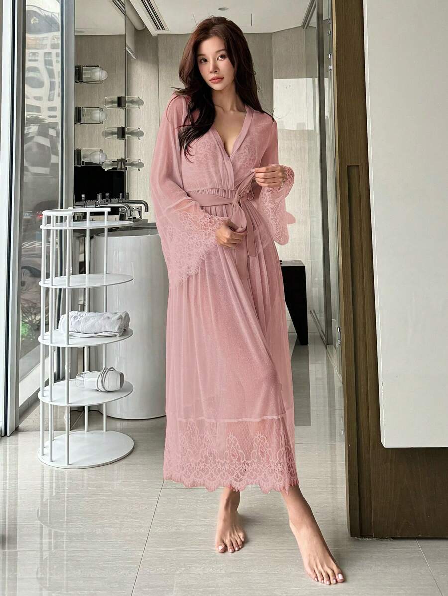 DAZY 女性性感時尚透明閃亮面料拼接蕾絲束腰睡衣 - 粉色 - 查看 1