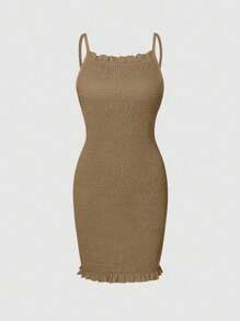 Breezaya 女士纯色蕾丝边春夏吊带背心百搭连衣裙度假海滩装 - 咖啡棕 - 查看 3