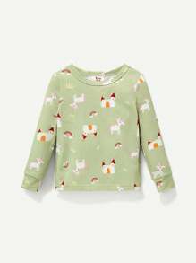 Cozy Pixies Baby Girl Snug Fit Pajama Set With Cartoon Pattern, Long Sleeve Round Neck Top And Long Pants Matching Sets - Green - View 3