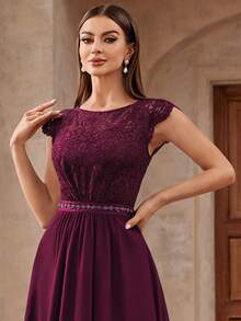 MIUSOL Floral Lace Cap Sleeve Sequin Insert Waist Prom Party Swing Dress - Burgundy - View 8