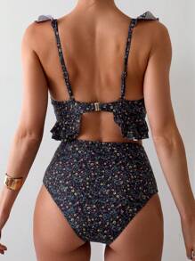 Swim Mod Summer Beach Vacation Allover Print Ditsy Print Ruffle Trim Spaghetti Strap Bikini Set