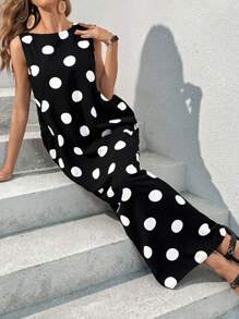 SHEIN Essnce Women's Summer Sleeveless Dot Print Dress Long O Neck Maxi With Big Pockets Casual Dress